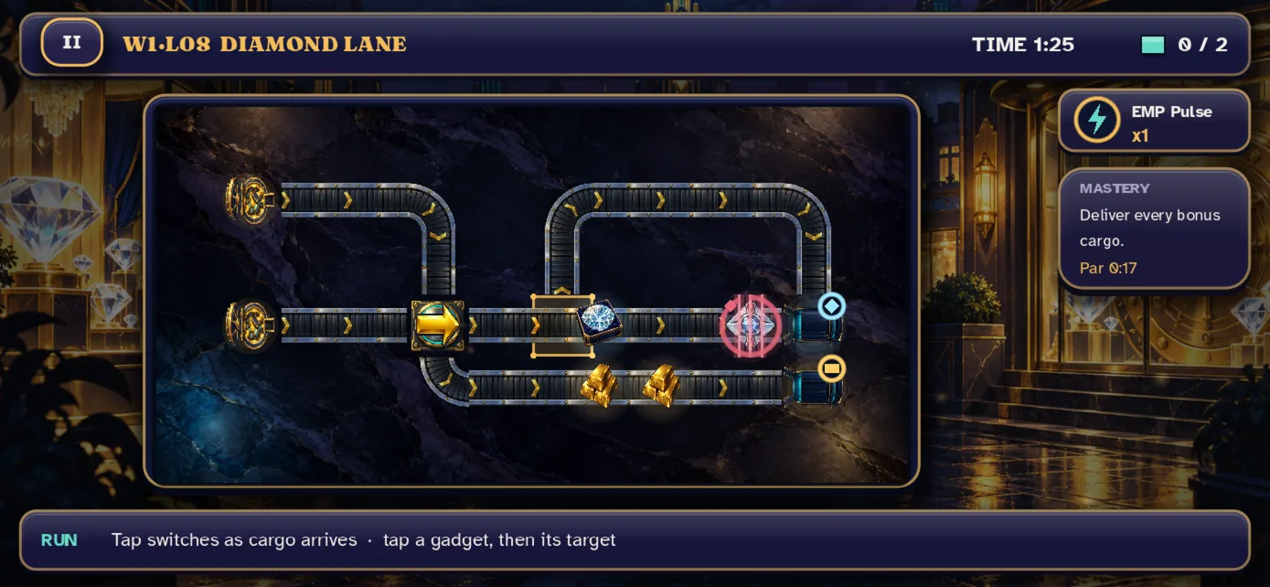 A Diamond District heist mid-run: a diamond on its lane, gold bars below, a red gem laser ahead